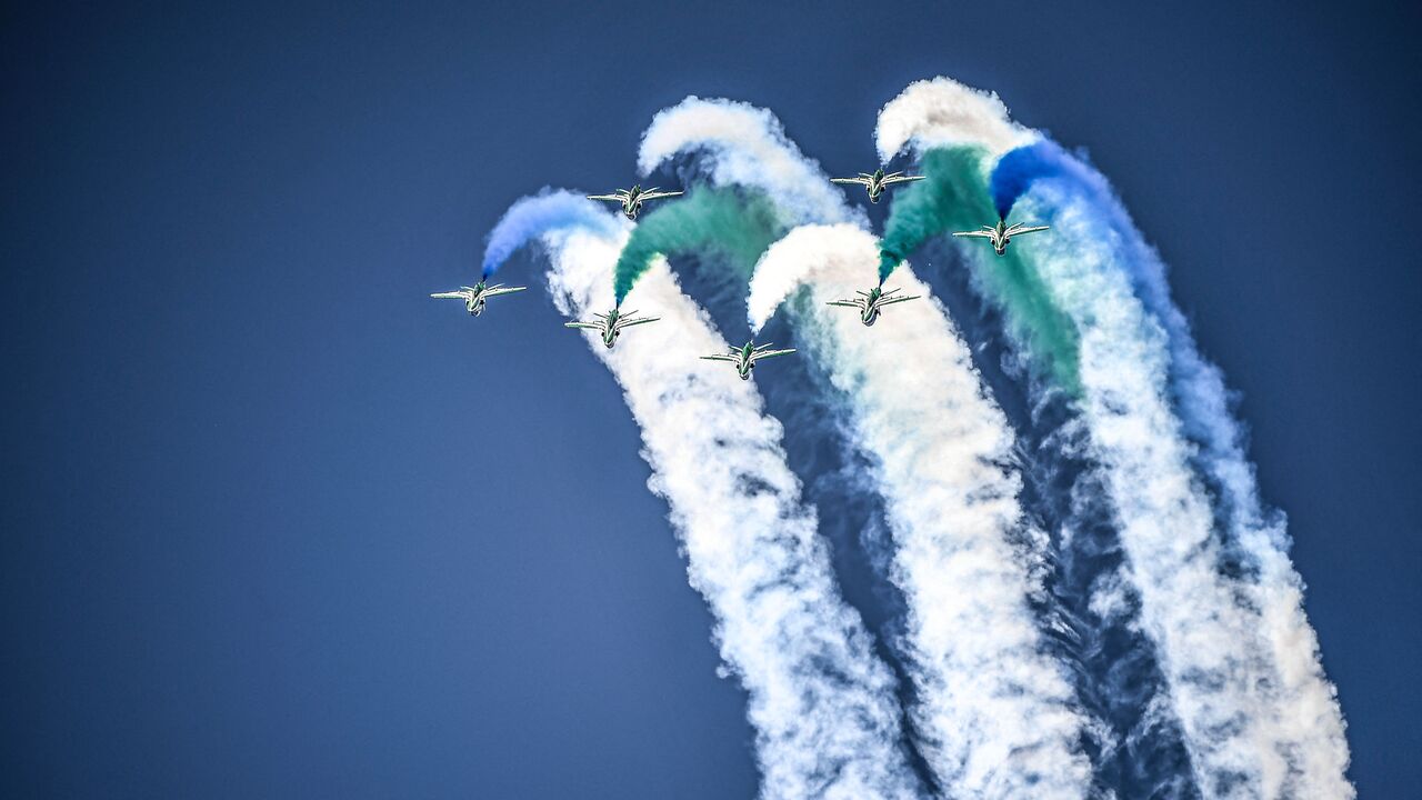 TOPSHOT - Saudi elite aerobatic flying team of the Royal Saudi Air Force Saudi Hawks performs during the aviation event 11th Athens Flying Week over Tanagra air base in Schimatari, north of Athens, on September 3, 2023. (Photo by Theophile Bloudanis / AFP) (Photo by THEOPHILE BLOUDANIS/AFP via Getty Images)